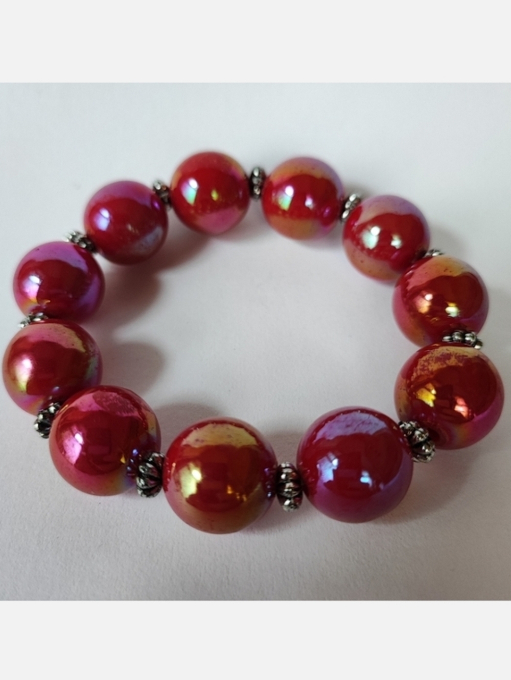 Luscious Red Cherry Gumball  Iridescent Stretch Bauble Statement  Bracelet NEW